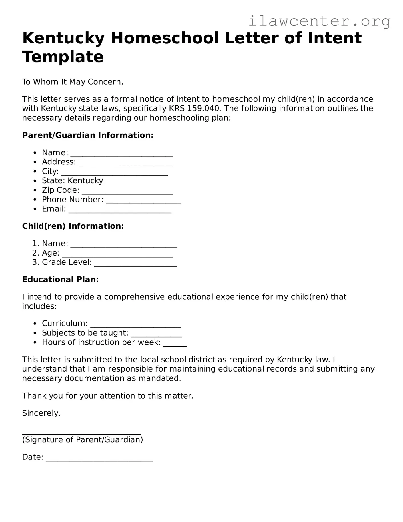 Attorney-Verified  Homeschool Letter of Intent Document for Kentucky