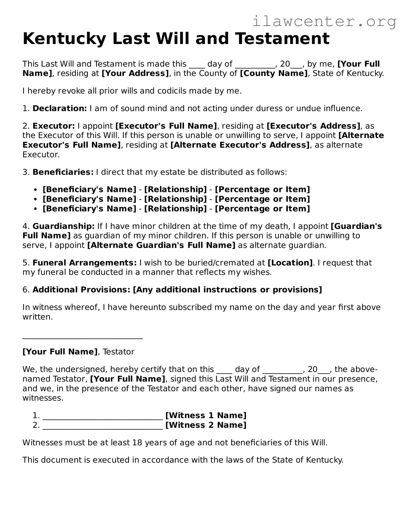Attorney-Verified  Last Will and Testament Document for Kentucky