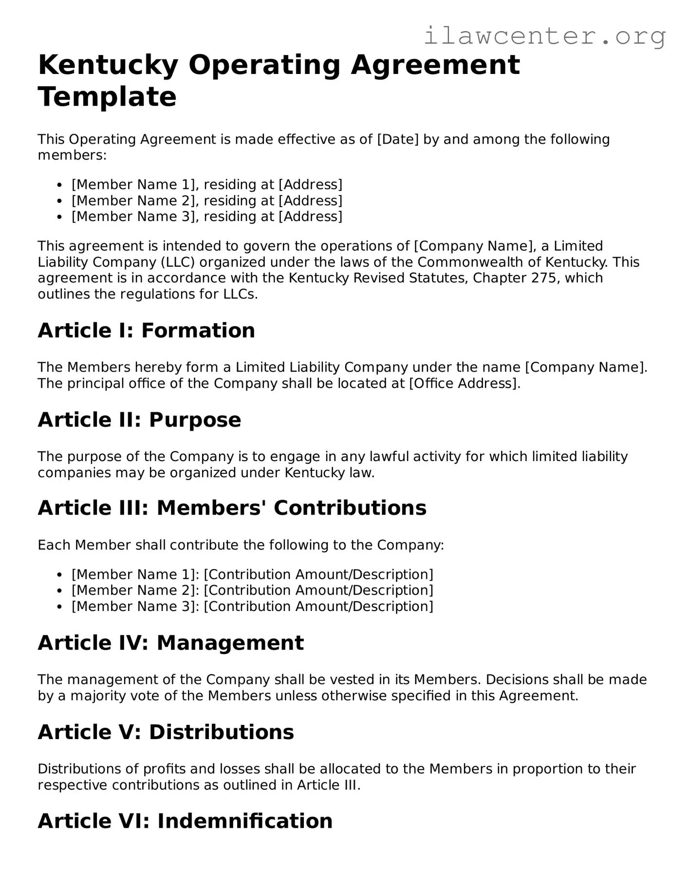 Attorney-Verified  Operating Agreement Document for Kentucky