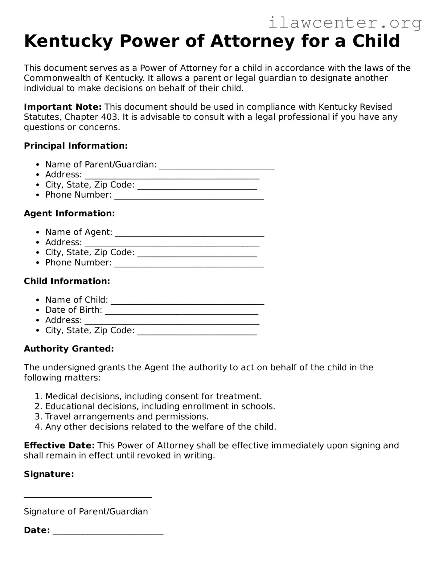 Attorney-Verified  Power of Attorney for a Child Document for Kentucky