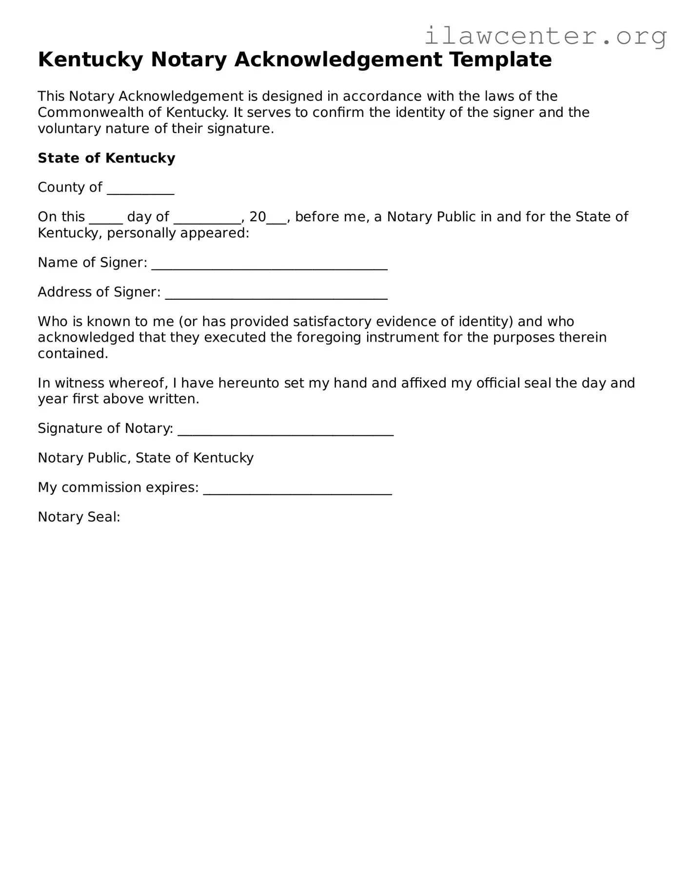 Attorney-Verified  Notary Acknowledgement Document for Kentucky