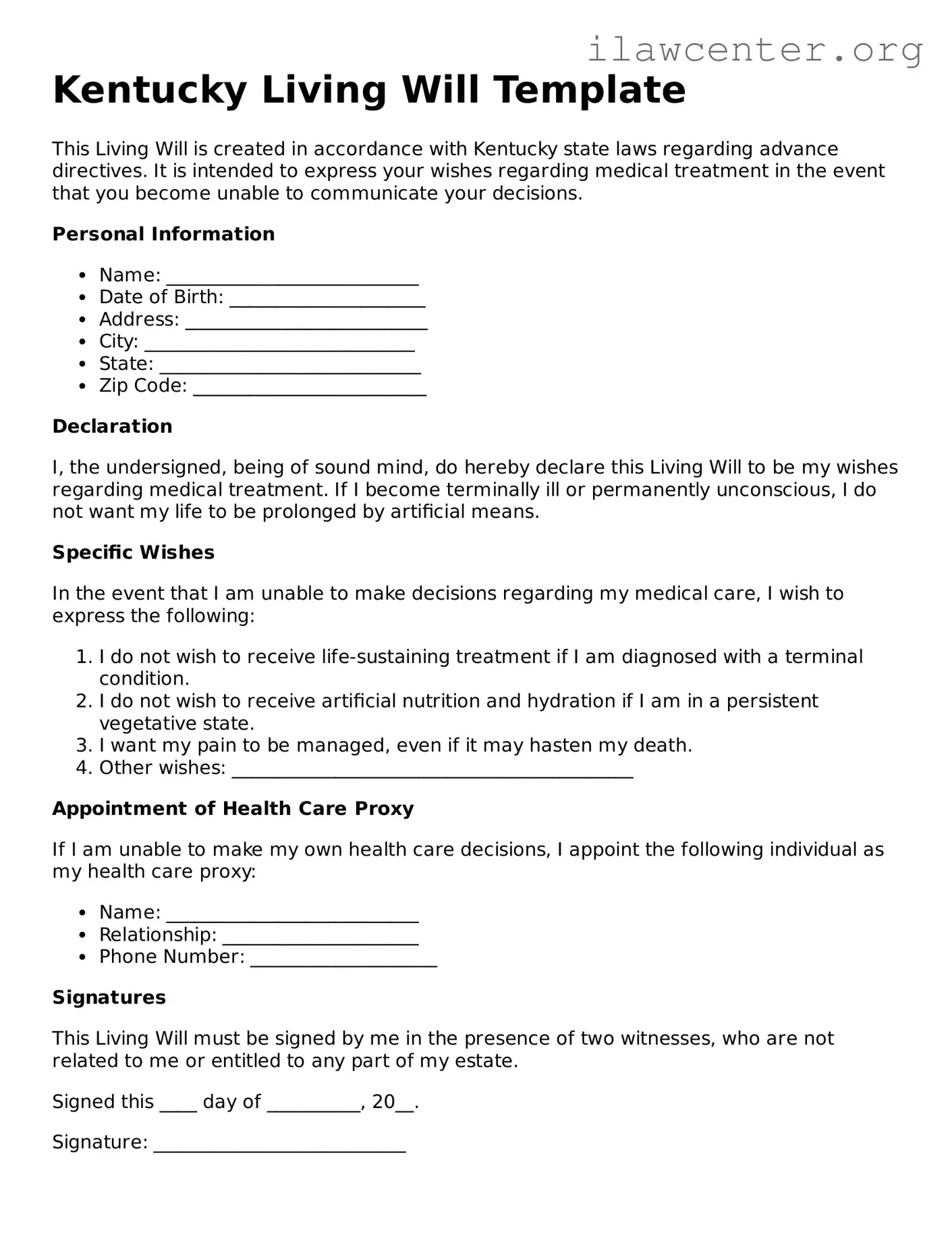 Attorney-Verified  Living Will Document for Kentucky