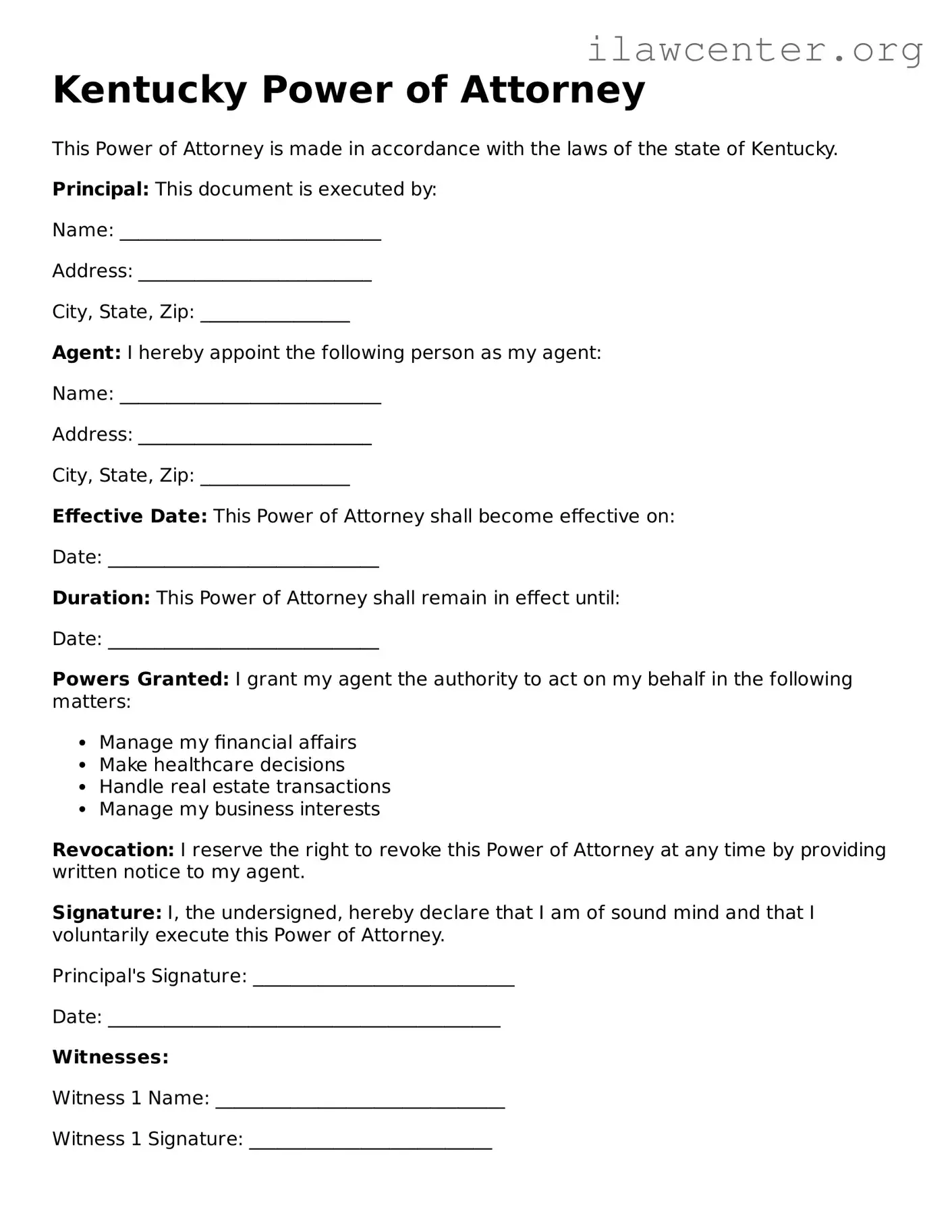 Attorney-Verified  Power of Attorney Document for Kentucky