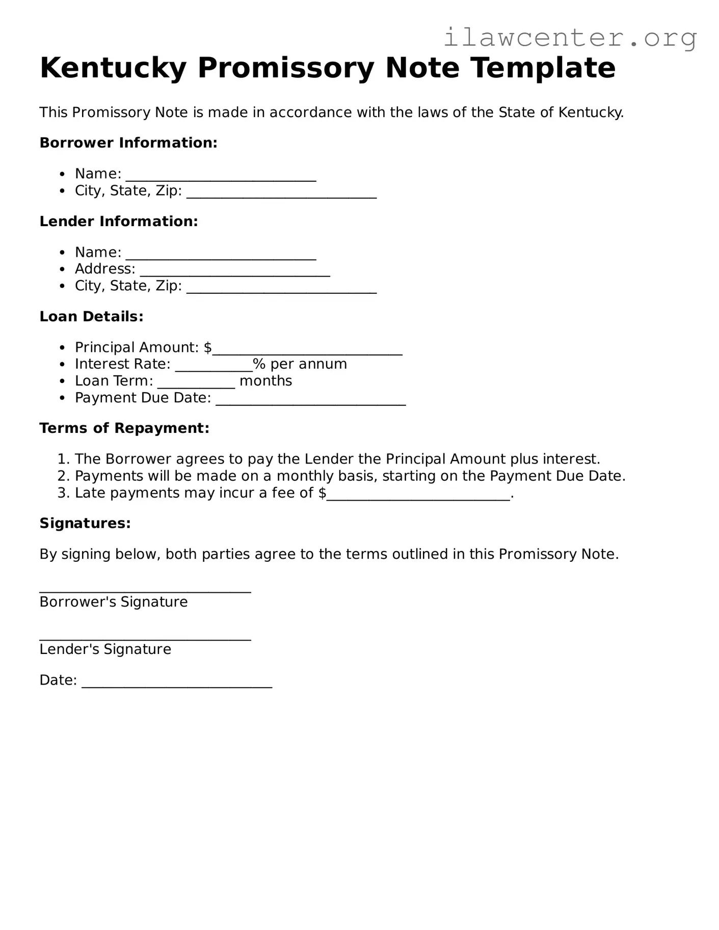 Attorney-Verified  Promissory Note Document for Kentucky