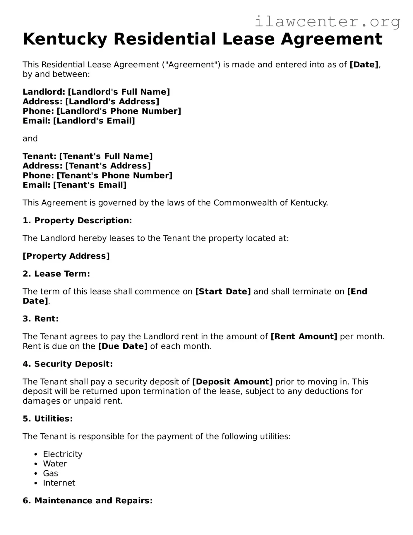 Attorney-Verified  Residential Lease Agreement Document for Kentucky