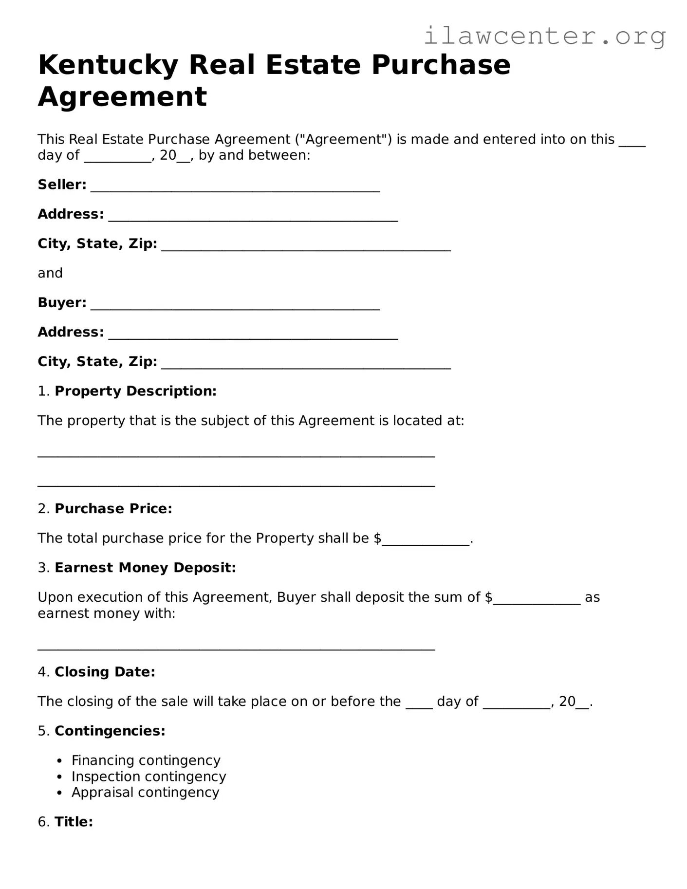 Attorney-Verified  Real Estate Purchase Agreement Document for Kentucky