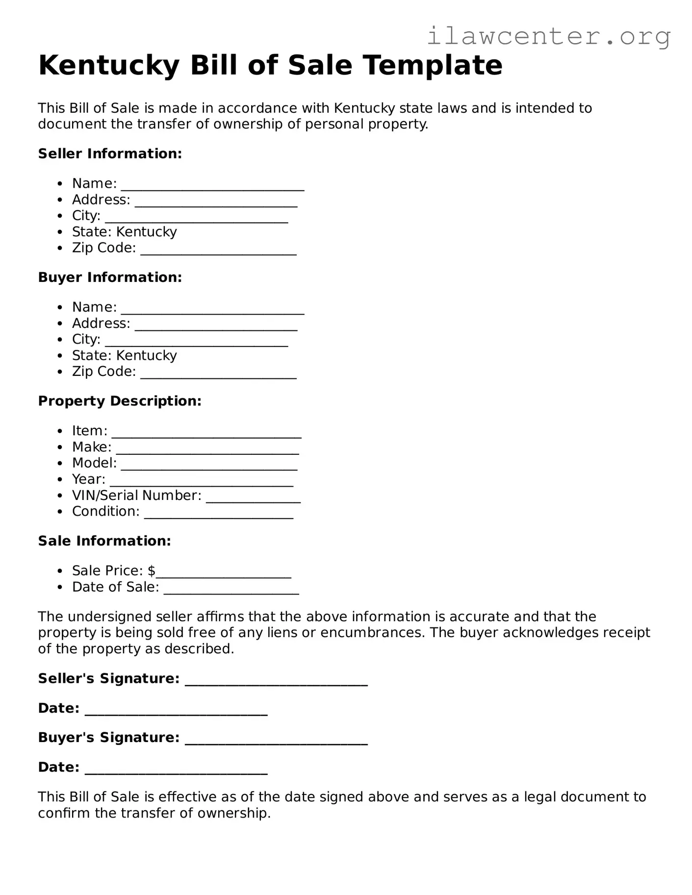 Attorney-Verified  Bill of Sale Document for Kentucky