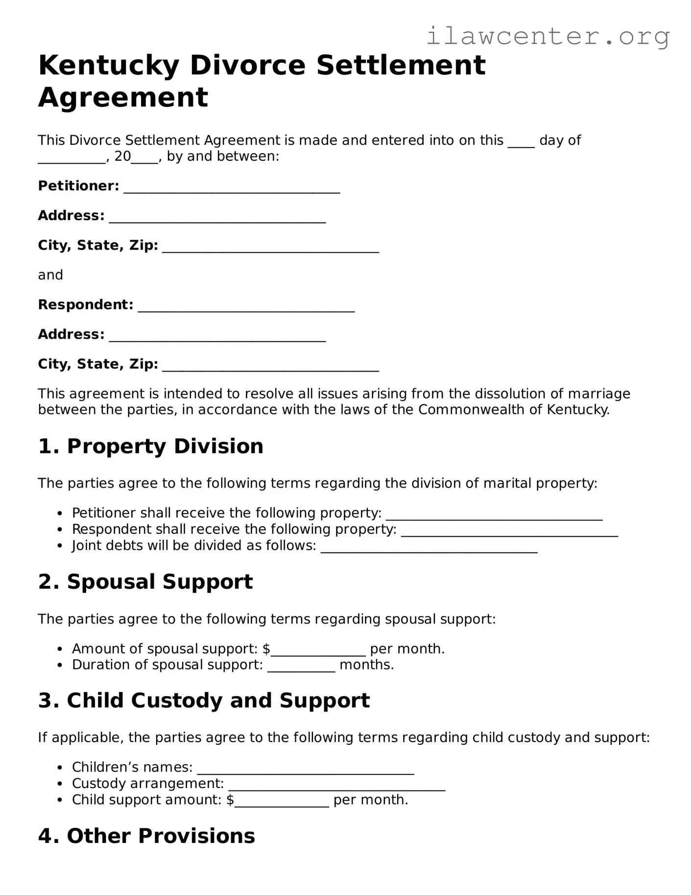 Attorney-Verified  Divorce Settlement Agreement Document for Kentucky