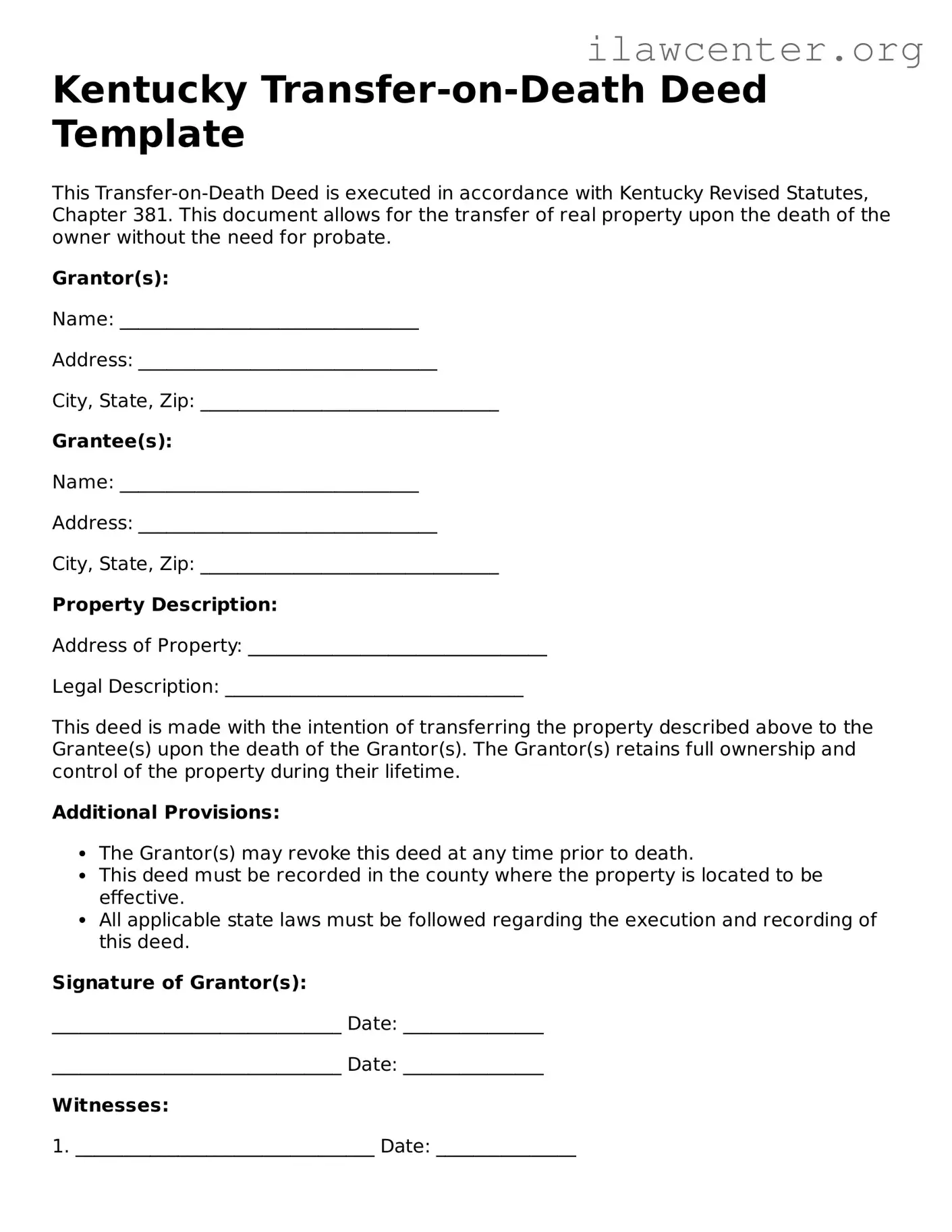 Attorney-Verified  Transfer-on-Death Deed Document for Kentucky