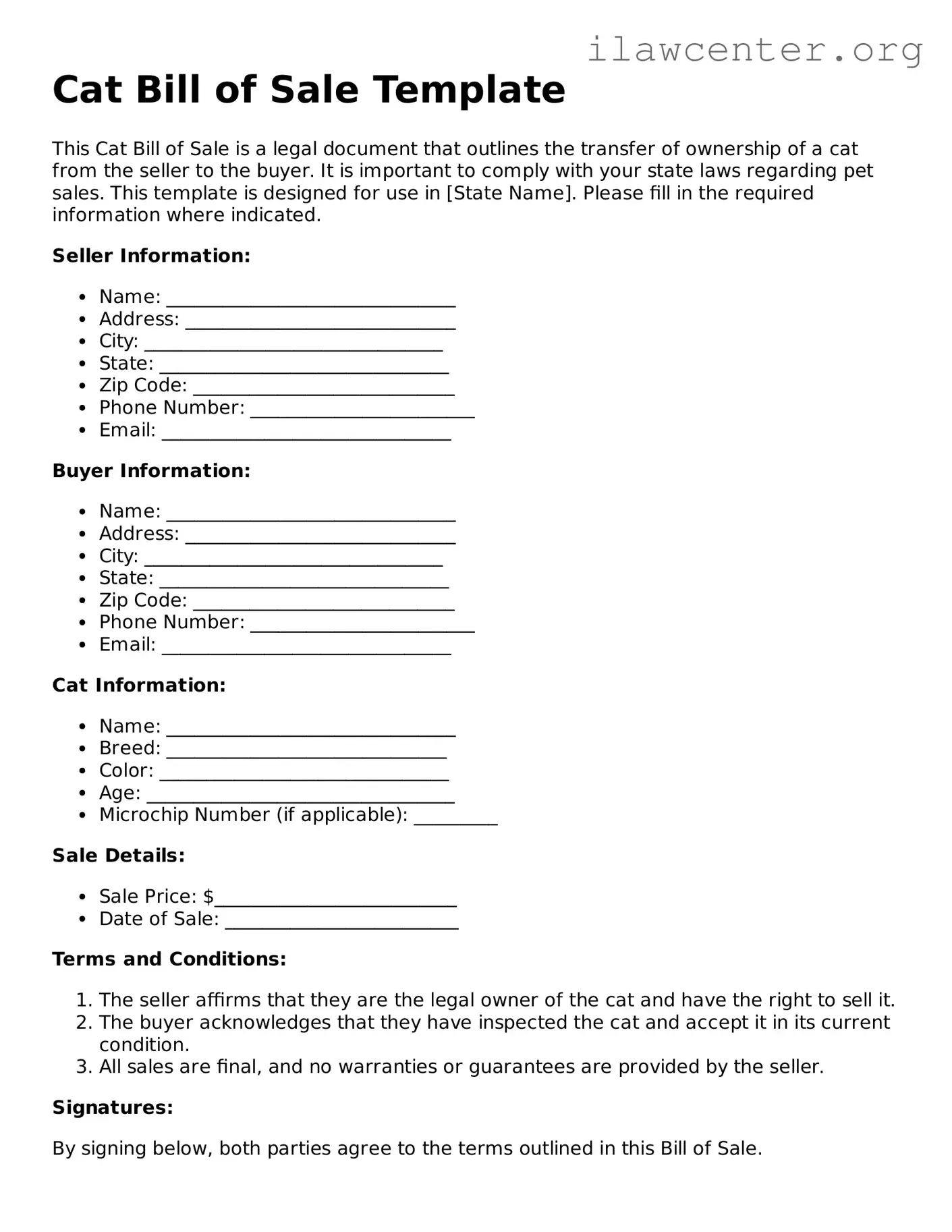 Fillable Cat Bill of Sale Document