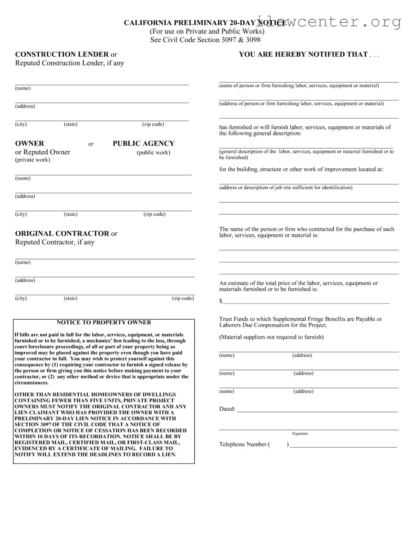 California Preliminary 20 Day Notice PDF Template