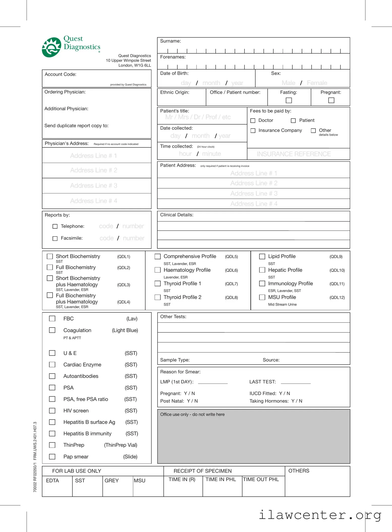 Order Quest Diagnostics PDF Template