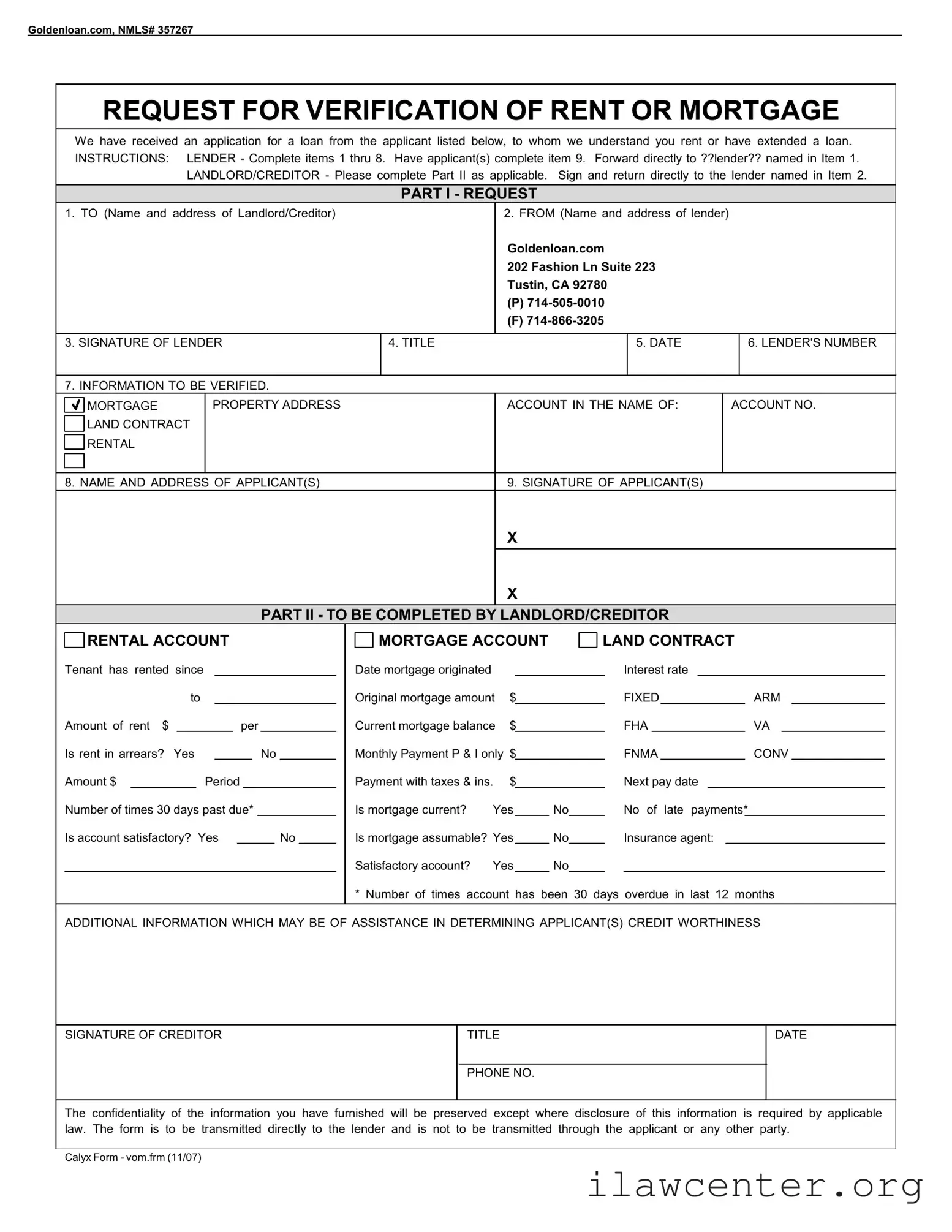 Verification Rent Mortgage PDF Template