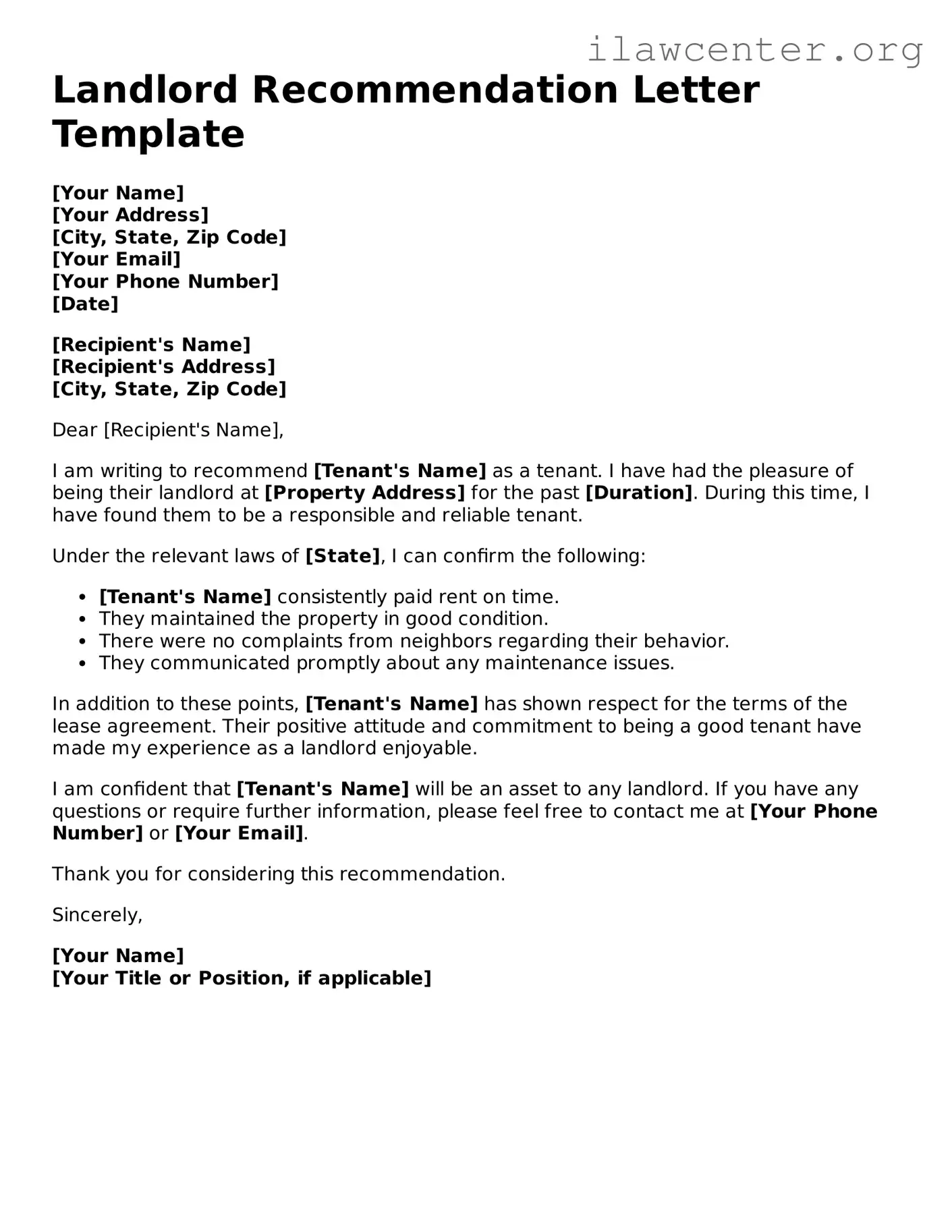 Fillable Landlord Recommendation Letter Document