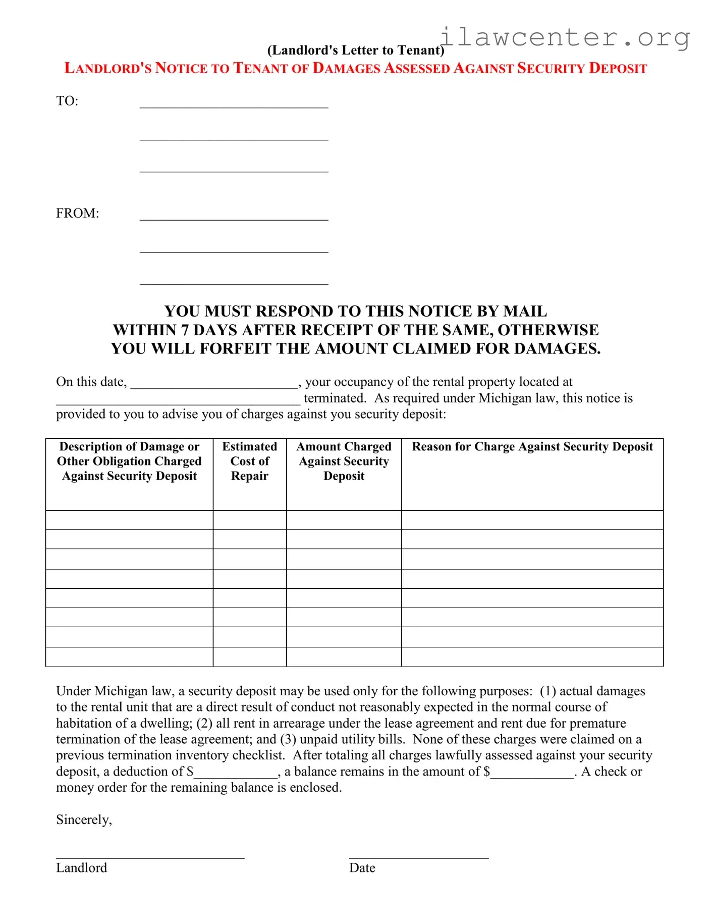 Landlord Damages Letter PDF Template