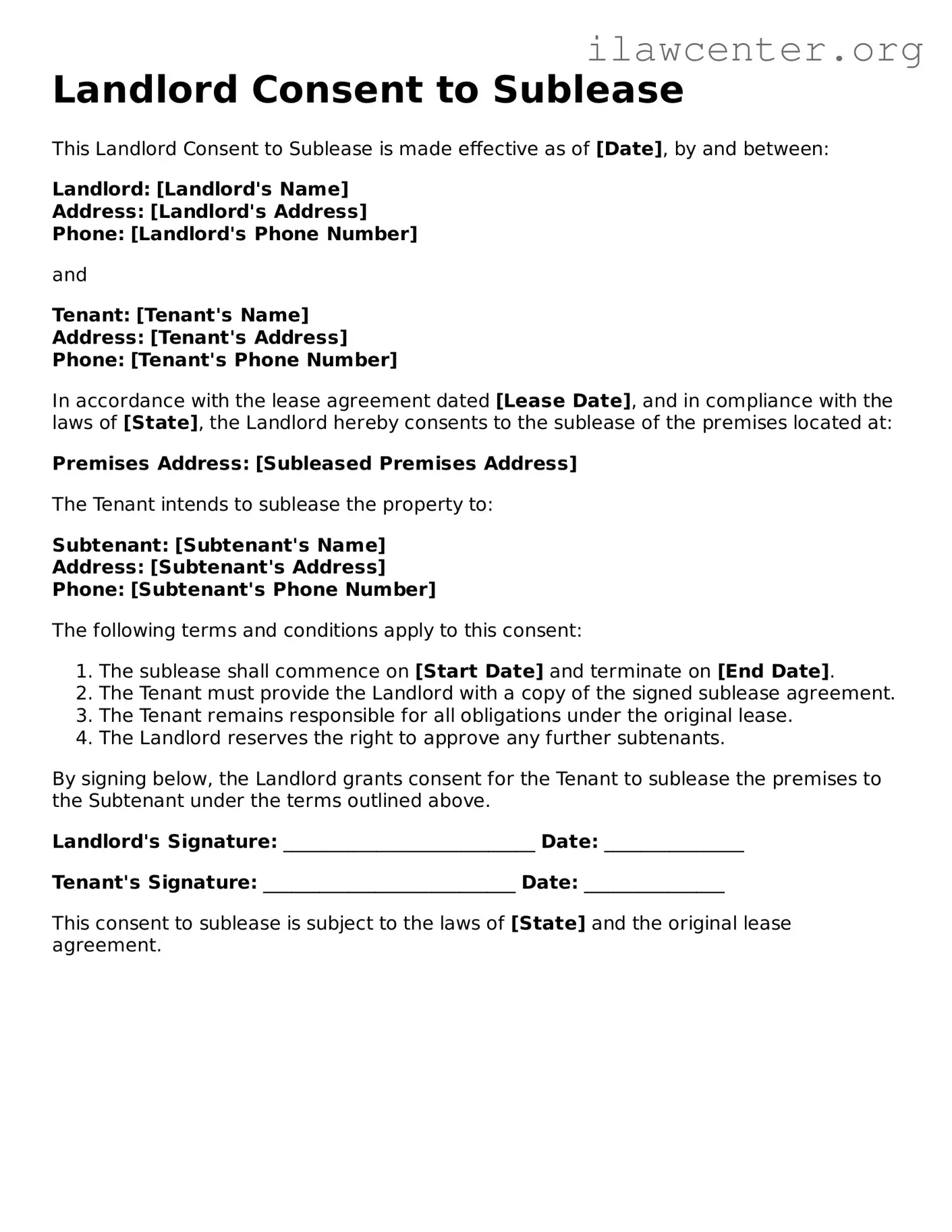 Fillable Landlord Consent to Sublease Document