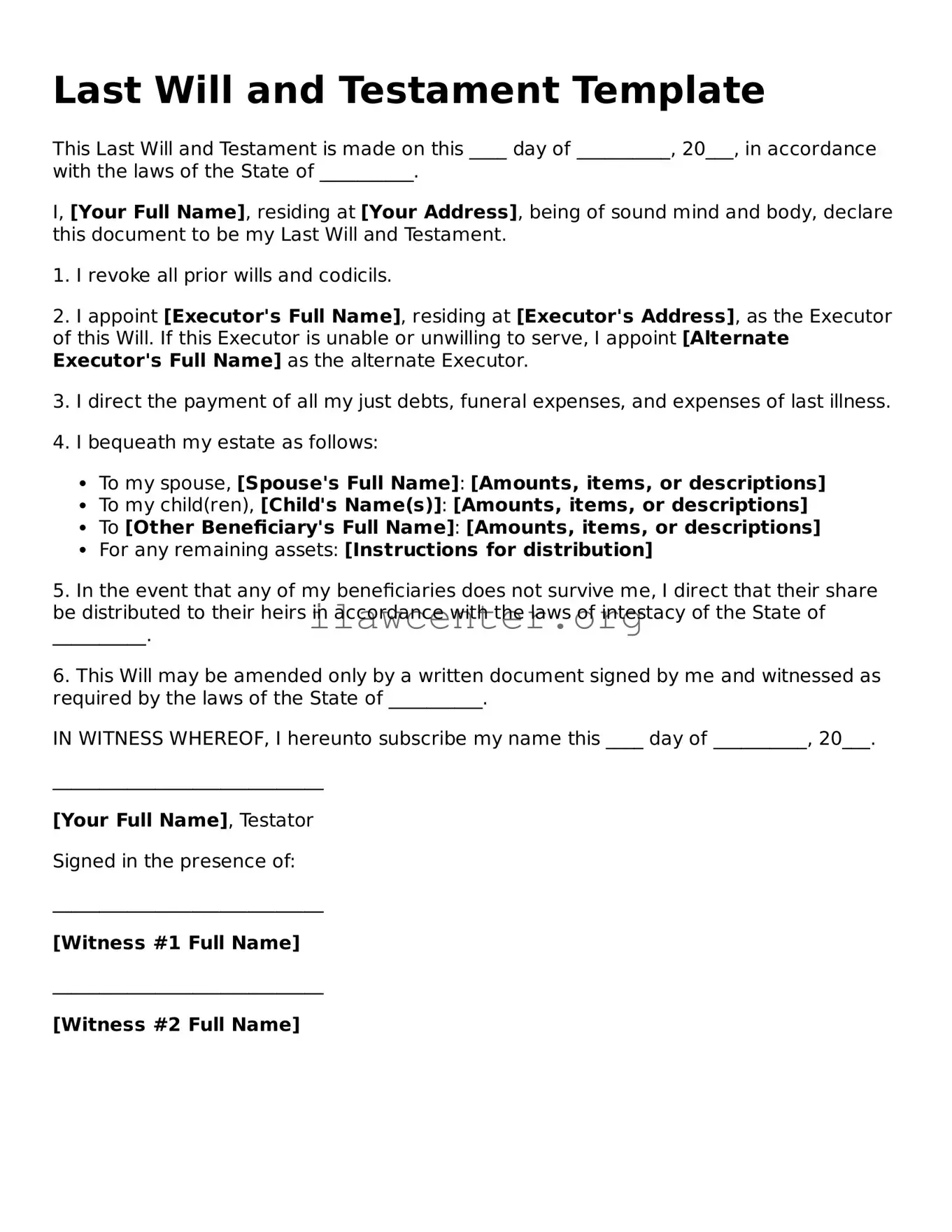 Fillable Last Will and Testament Document