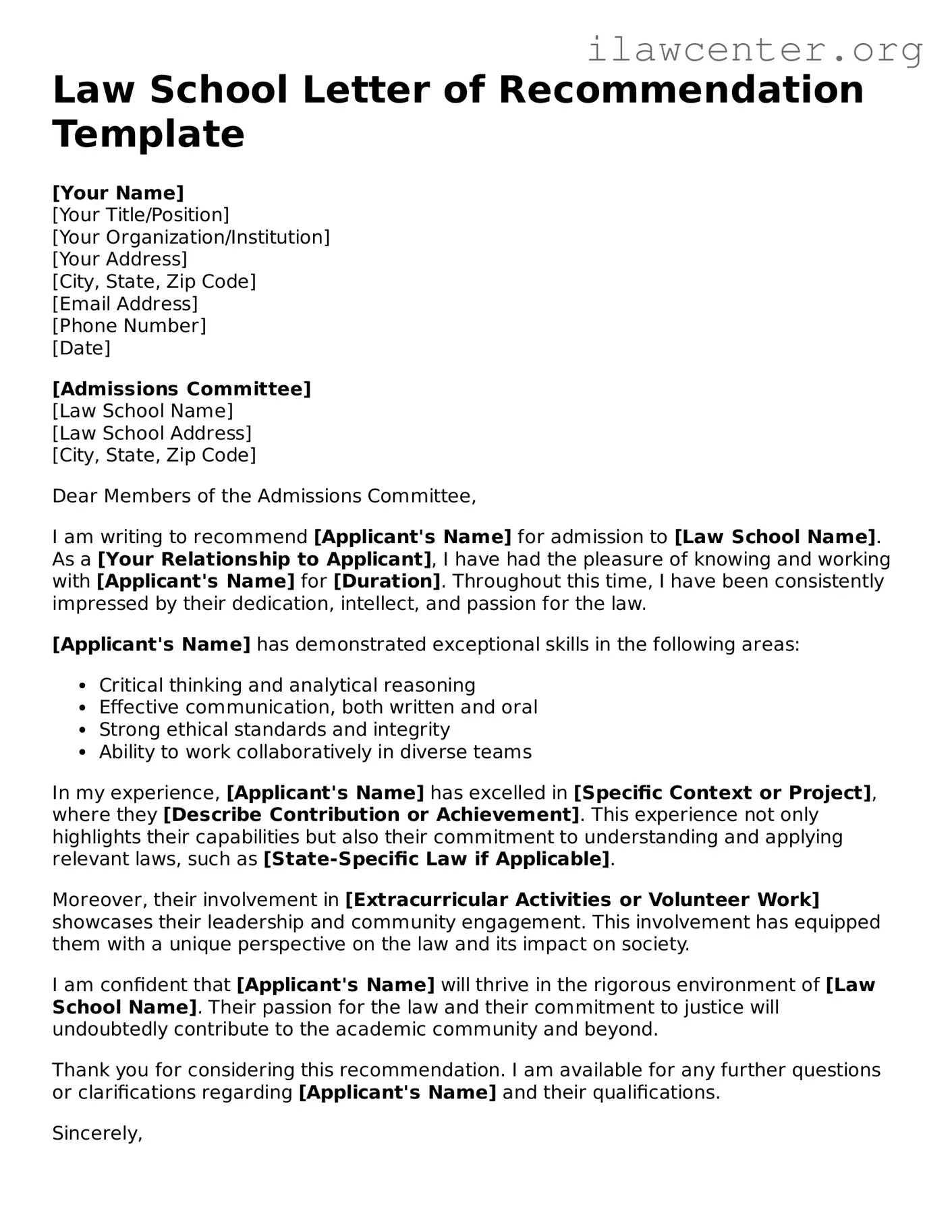 Fillable Law School Letter of Recommendation Document