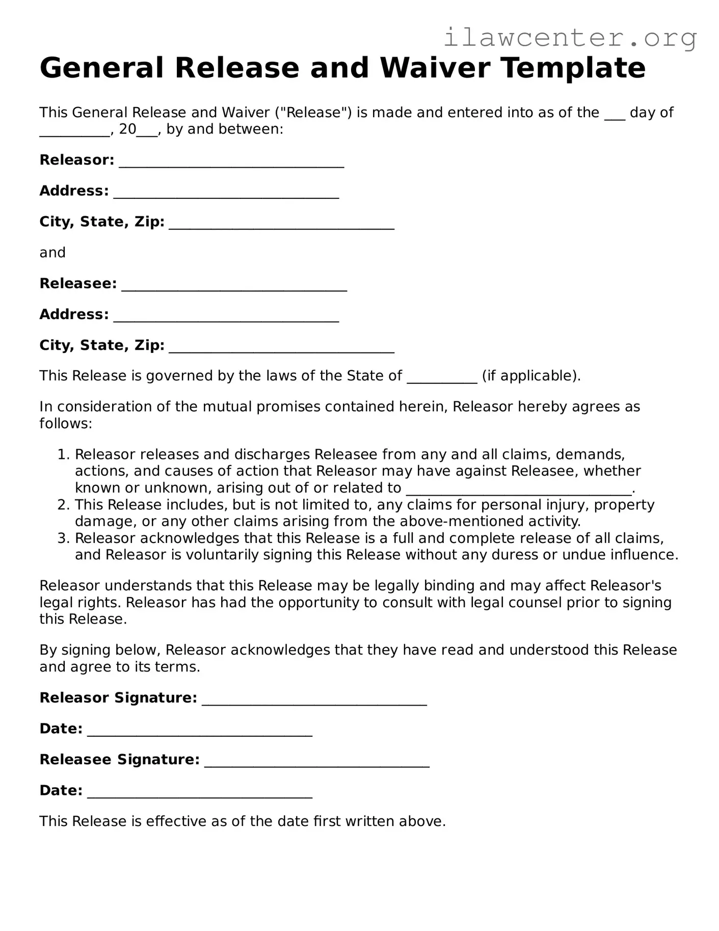 Fillable General Release and Waiver Document