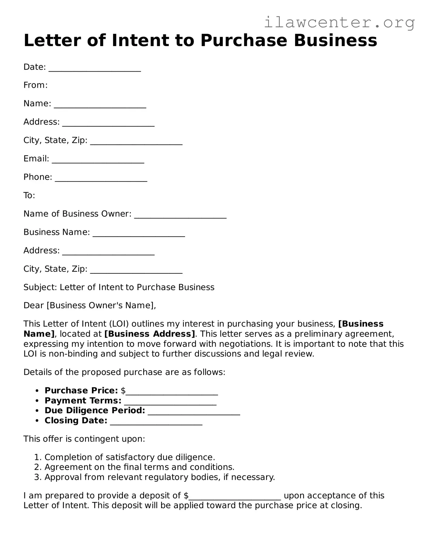 Fillable Letter of Intent to Purchase Business Document