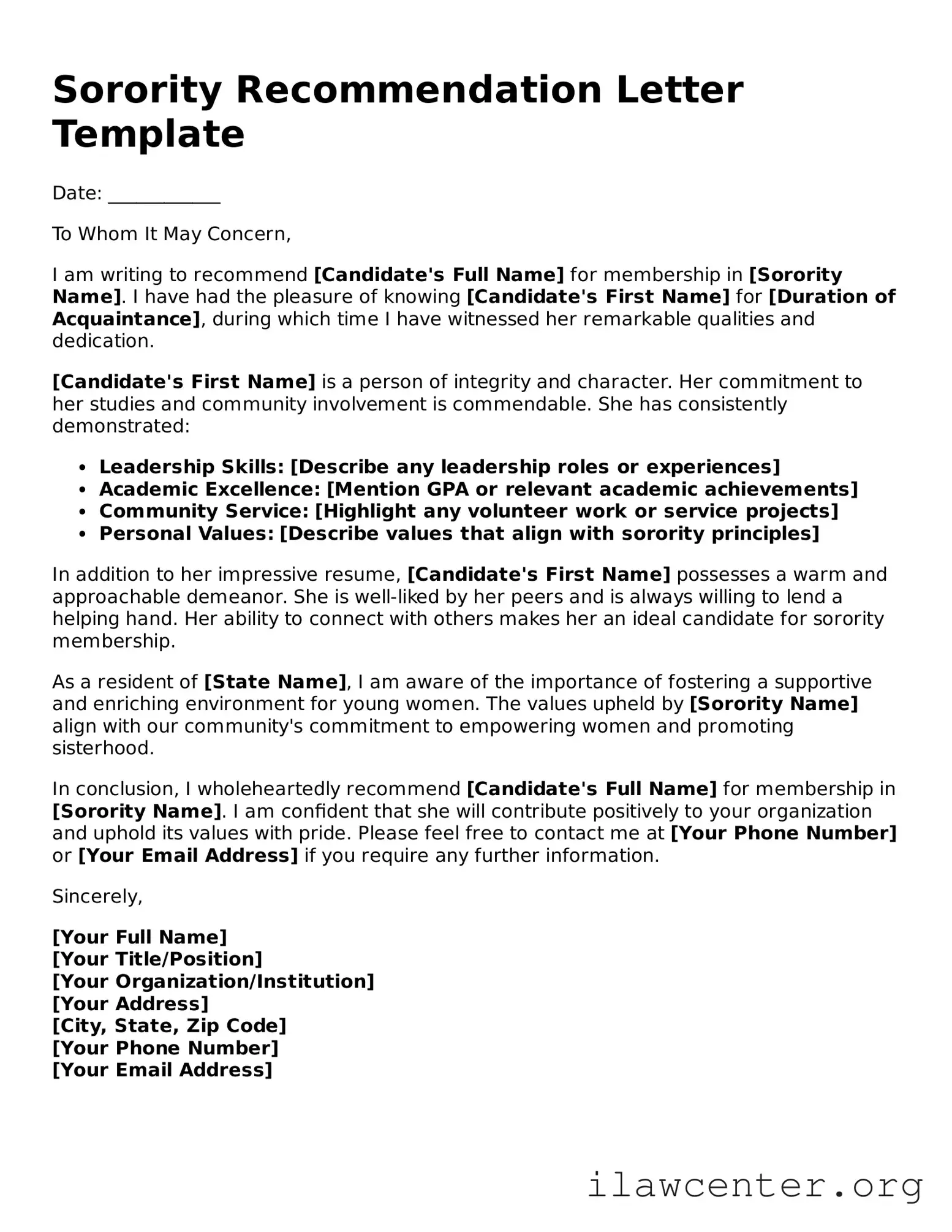 Fillable Sorority Recommendation Letter Document