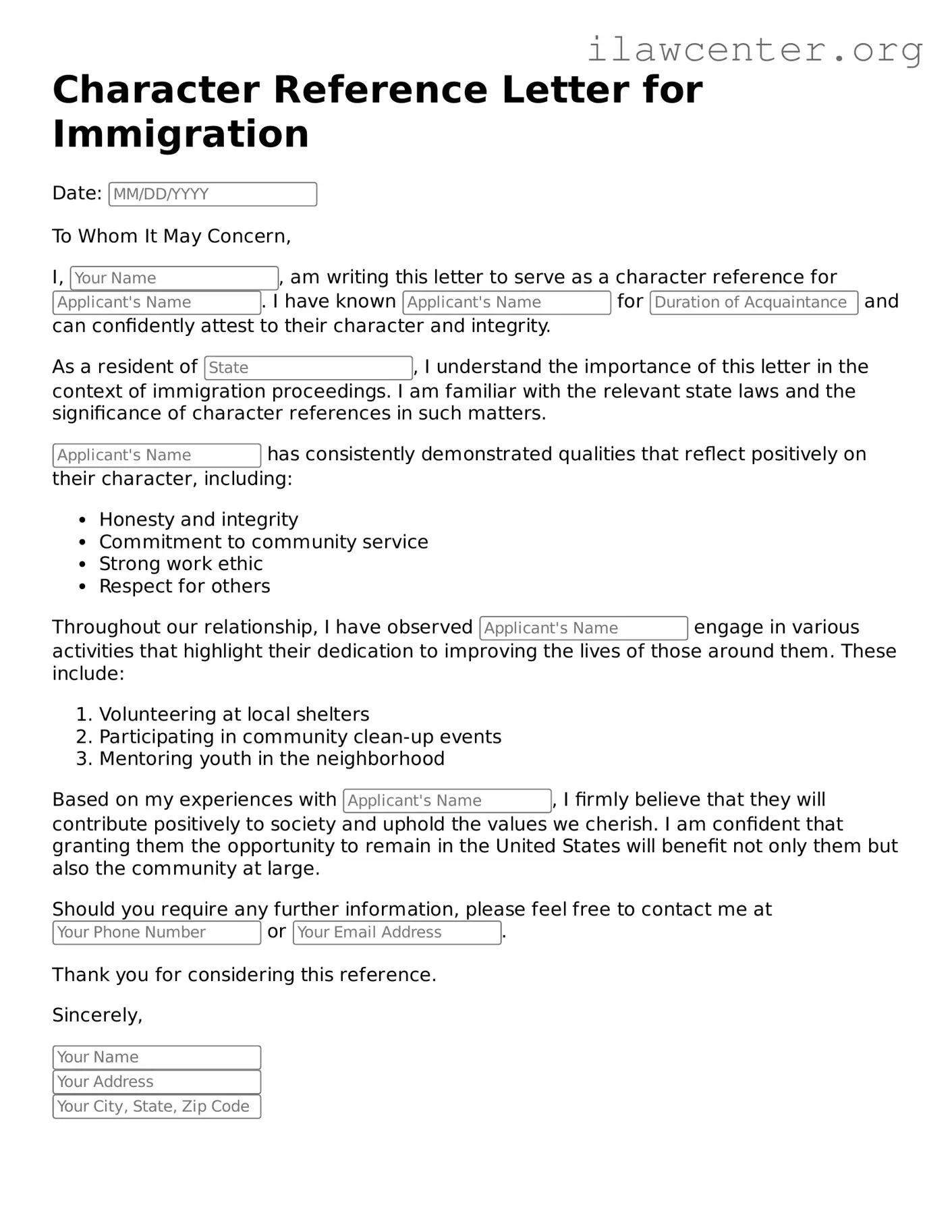 Fillable Character Reference Letter for Immigration Document