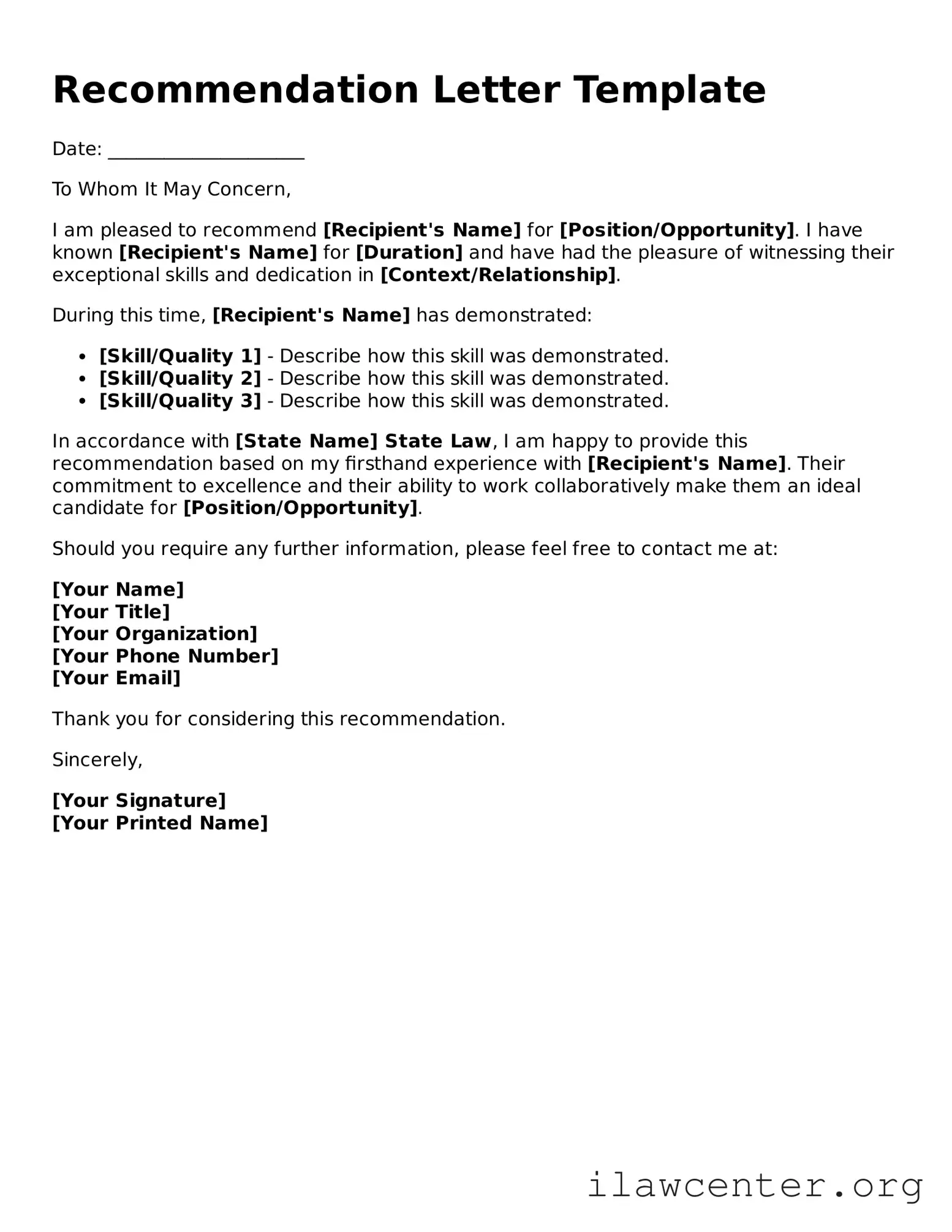 Fillable Recommendation Letter Document