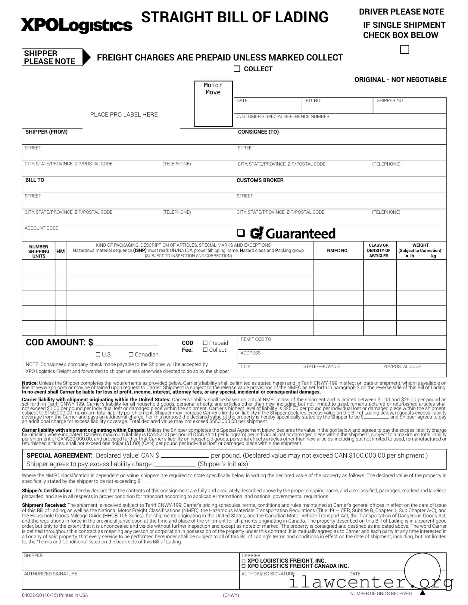 Xpo Logistics Bill Of Lading PDF Template