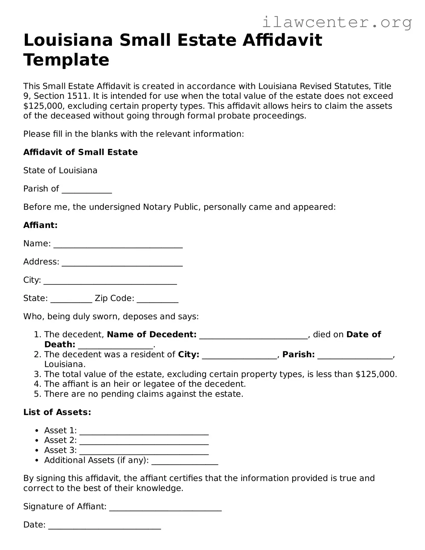 Attorney-Verified  Small Estate Affidavit Document for Louisiana