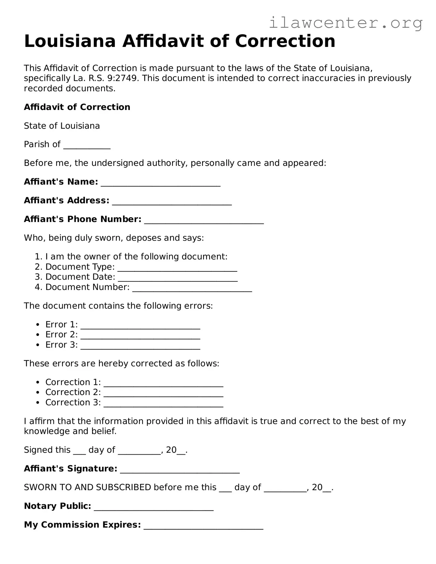 Attorney-Verified  Affidavit of Correction Document for Louisiana