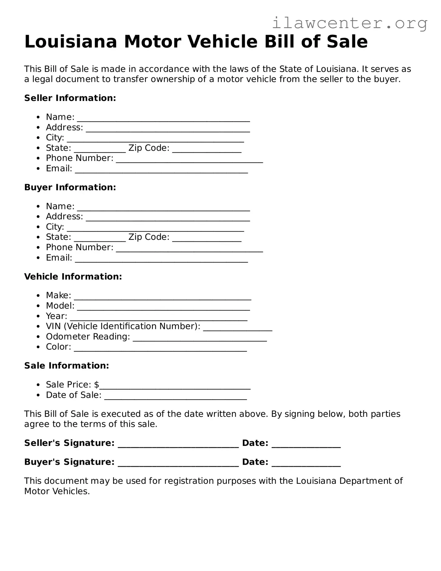 Attorney-Verified  Motor Vehicle Bill of Sale Document for Louisiana