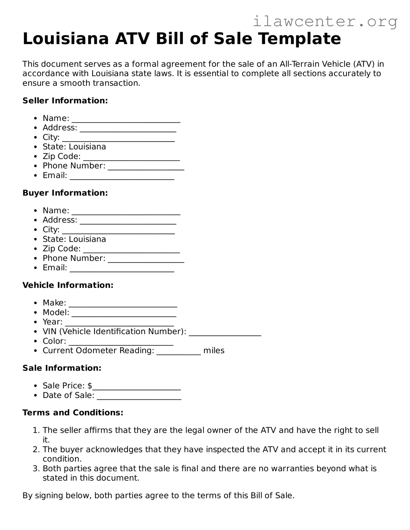 Attorney-Verified  ATV Bill of Sale Document for Louisiana