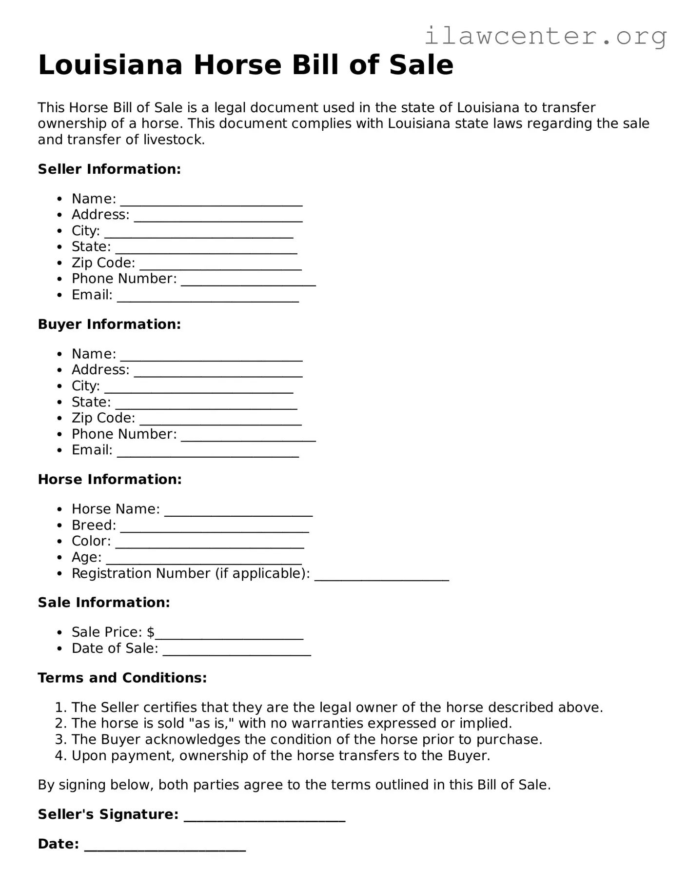 Attorney-Verified  Horse Bill of Sale Document for Louisiana