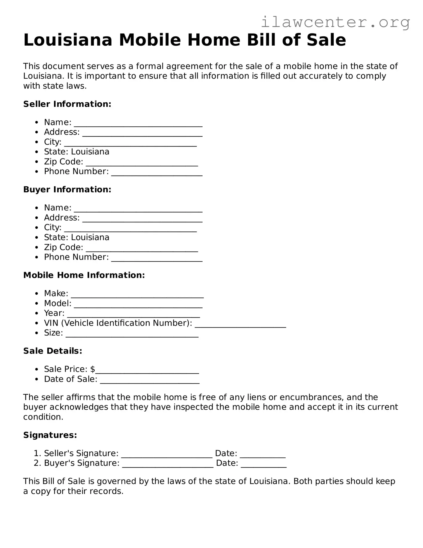 Attorney-Verified  Mobile Home Bill of Sale Document for Louisiana