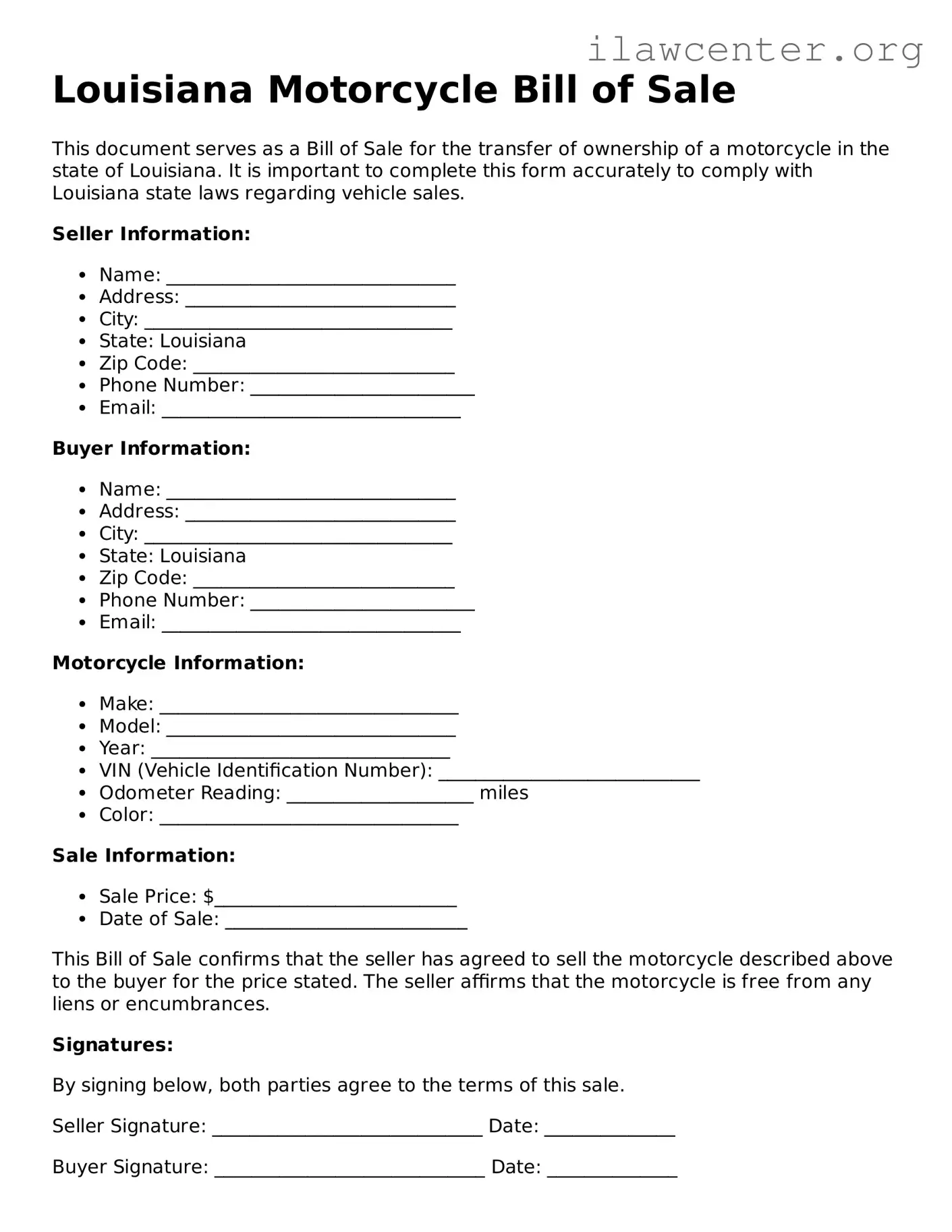 Attorney-Verified  Motorcycle Bill of Sale Document for Louisiana