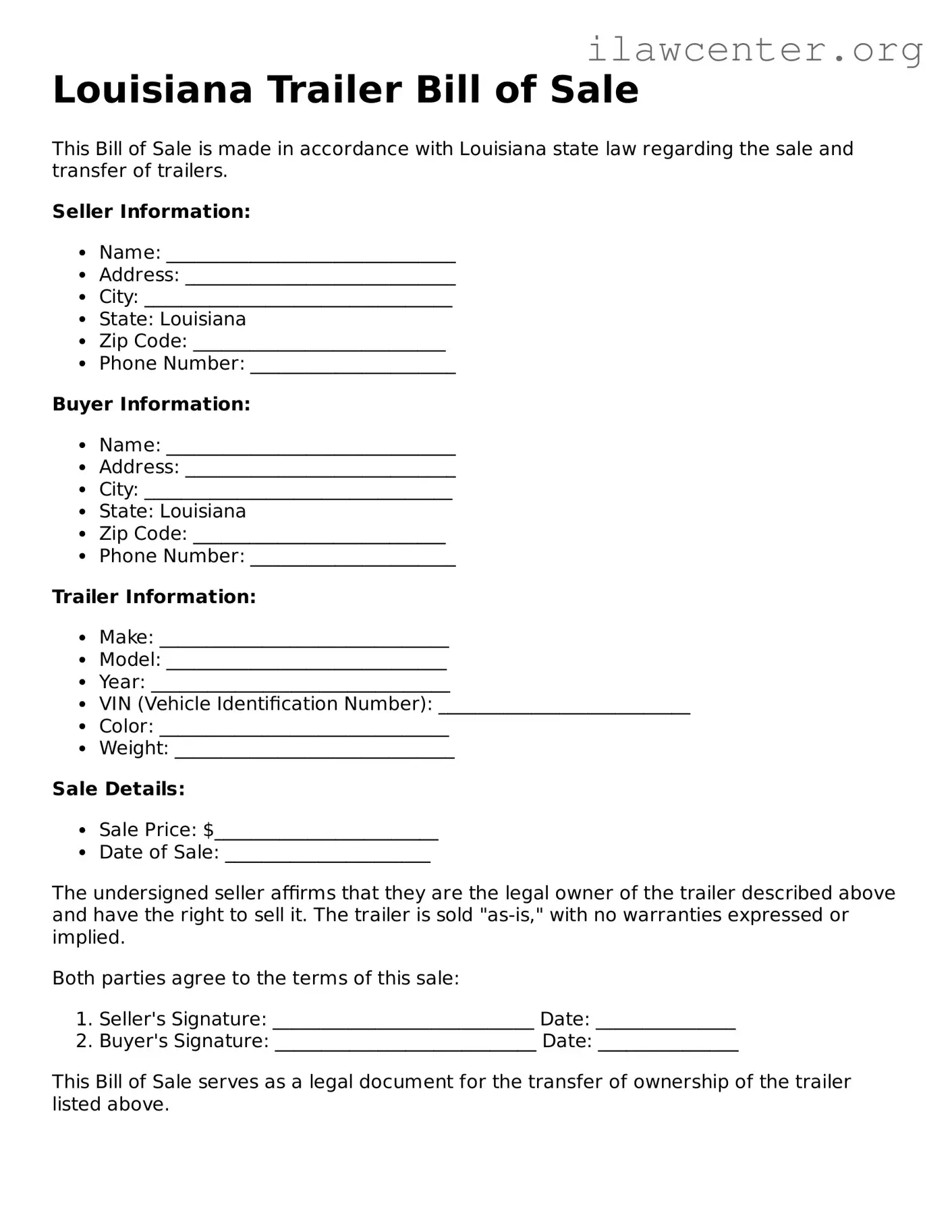Attorney-Verified  Trailer Bill of Sale Document for Louisiana
