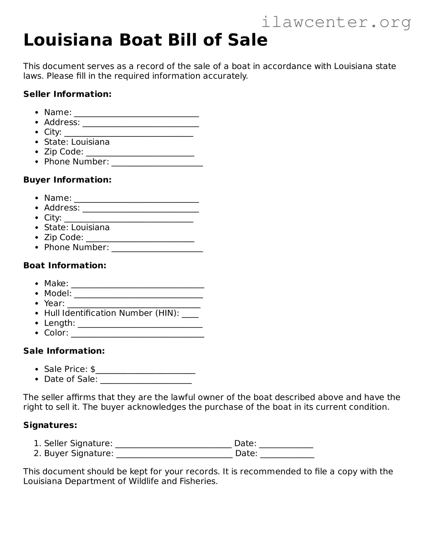 Attorney-Verified  Boat Bill of Sale Document for Louisiana