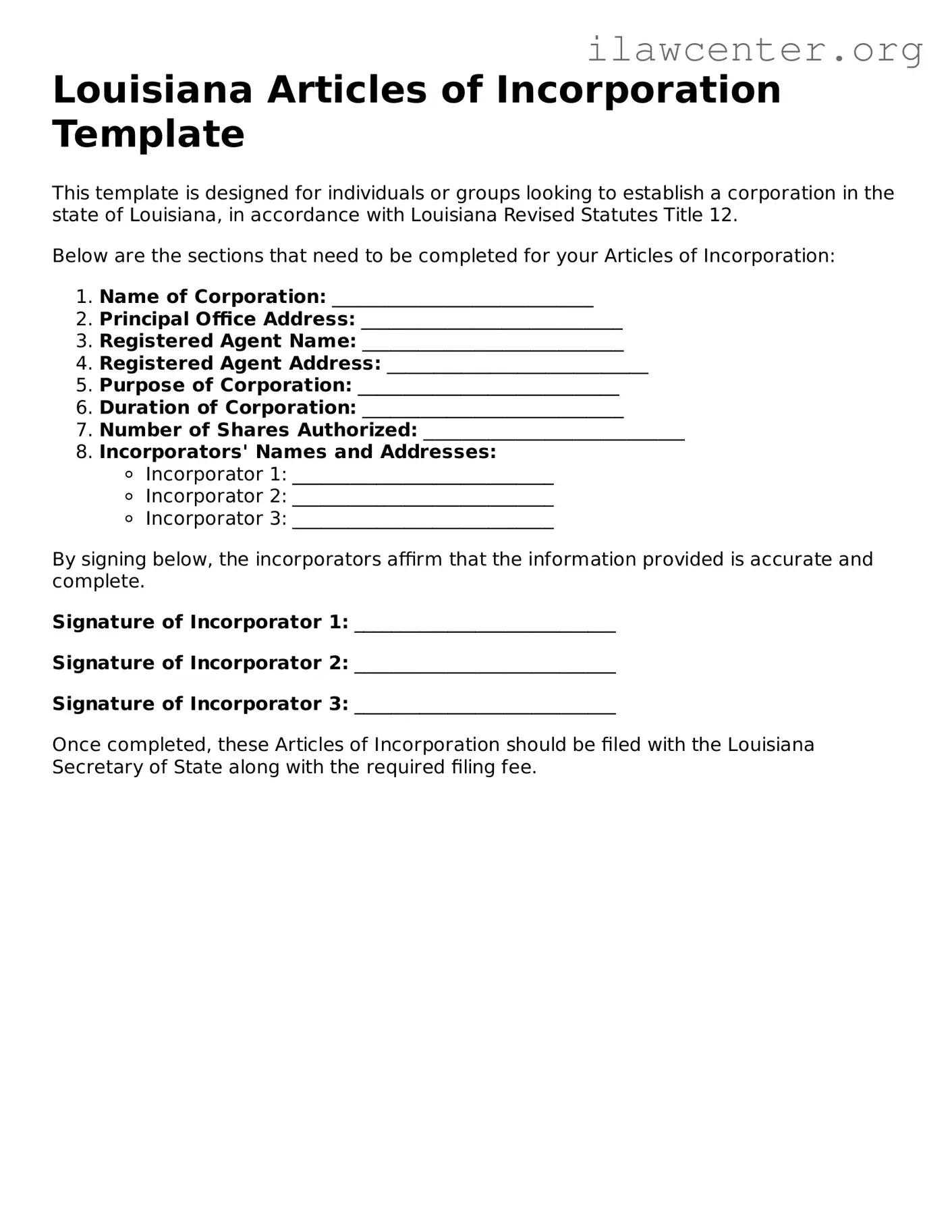 Attorney-Verified  Articles of Incorporation Document for Louisiana