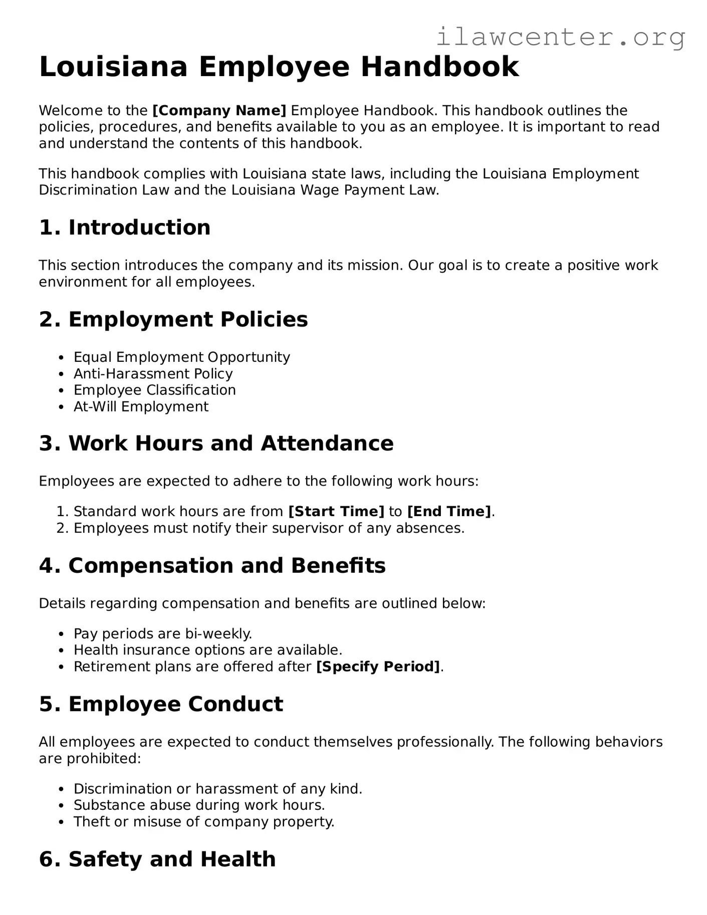 Attorney-Verified  Employee Handbook Document for Louisiana