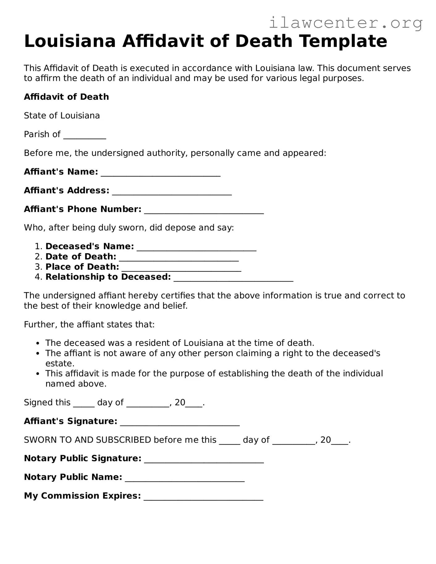 Attorney-Verified  Affidavit of Death Document for Louisiana