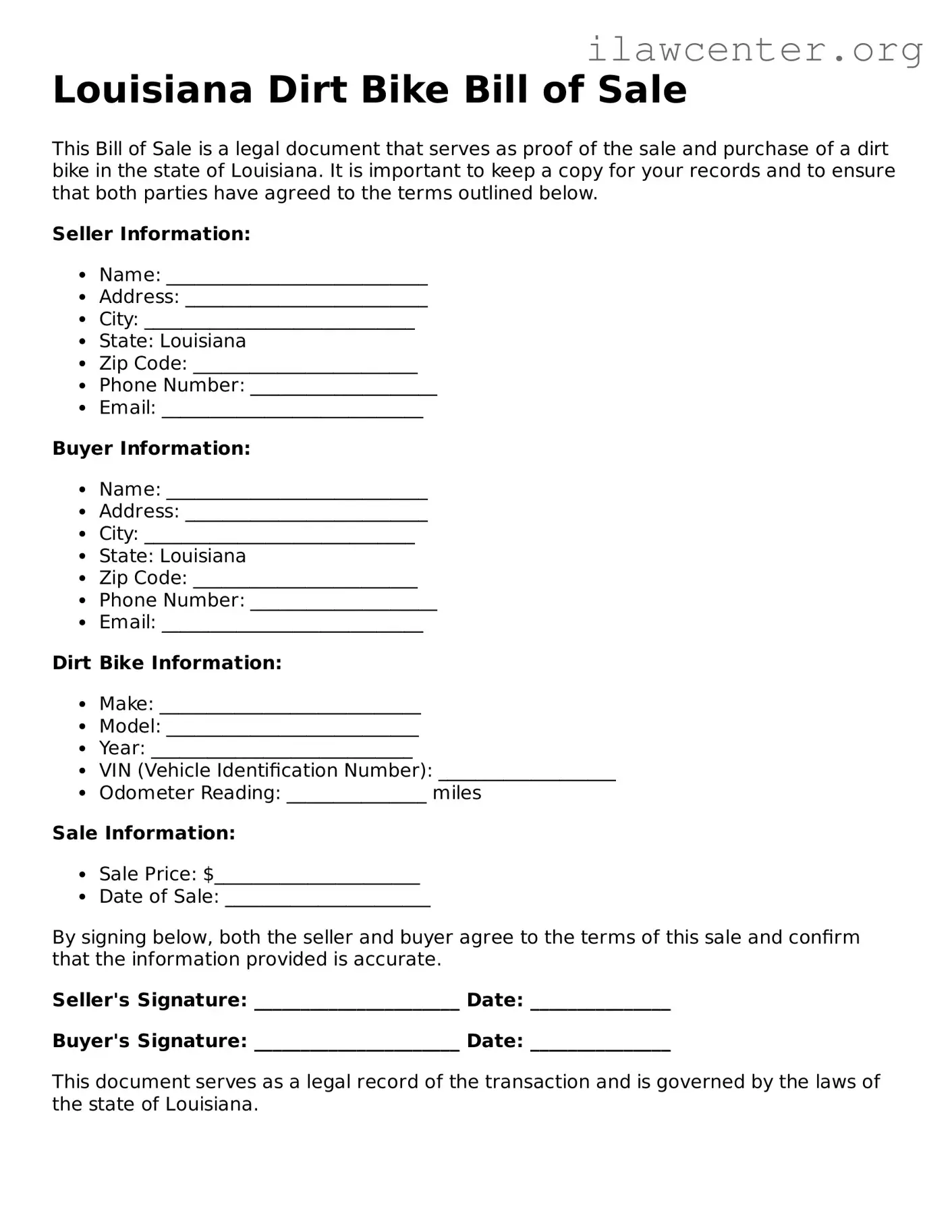Attorney-Verified  Dirt Bike Bill of Sale Document for Louisiana
