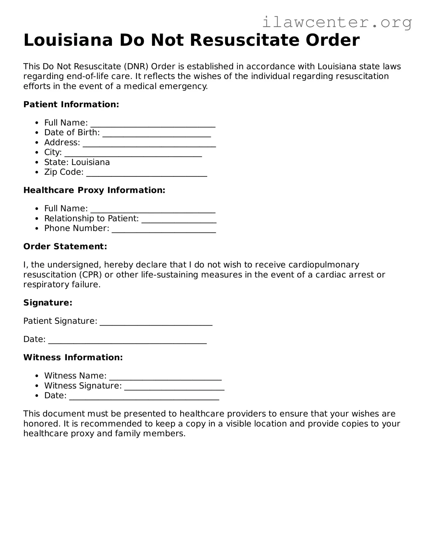 Attorney-Verified  Do Not Resuscitate Order Document for Louisiana