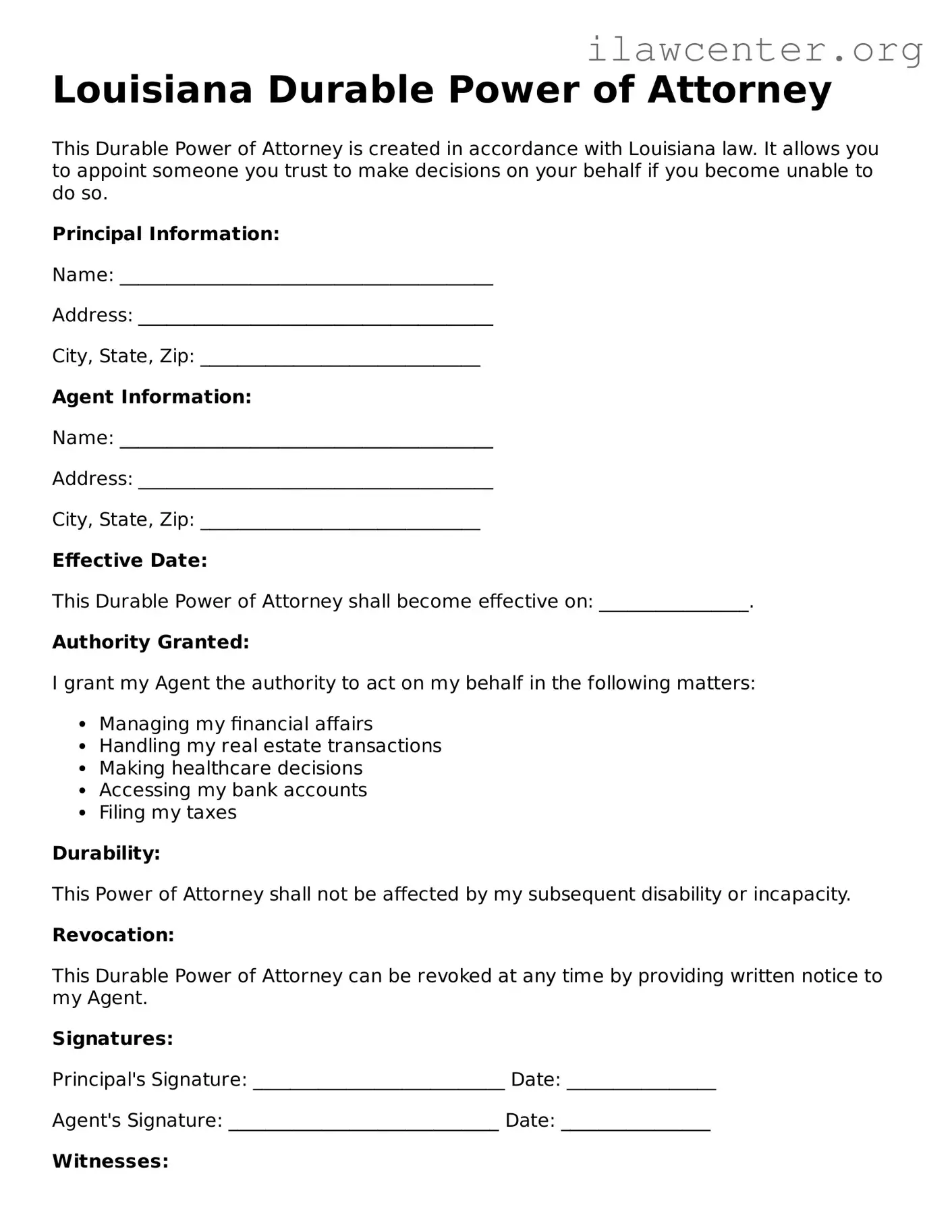 Attorney-Verified  Durable Power of Attorney Document for Louisiana