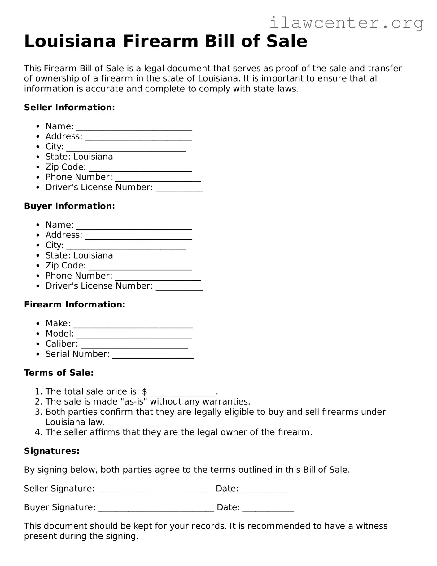 Attorney-Verified  Firearm Bill of Sale Document for Louisiana