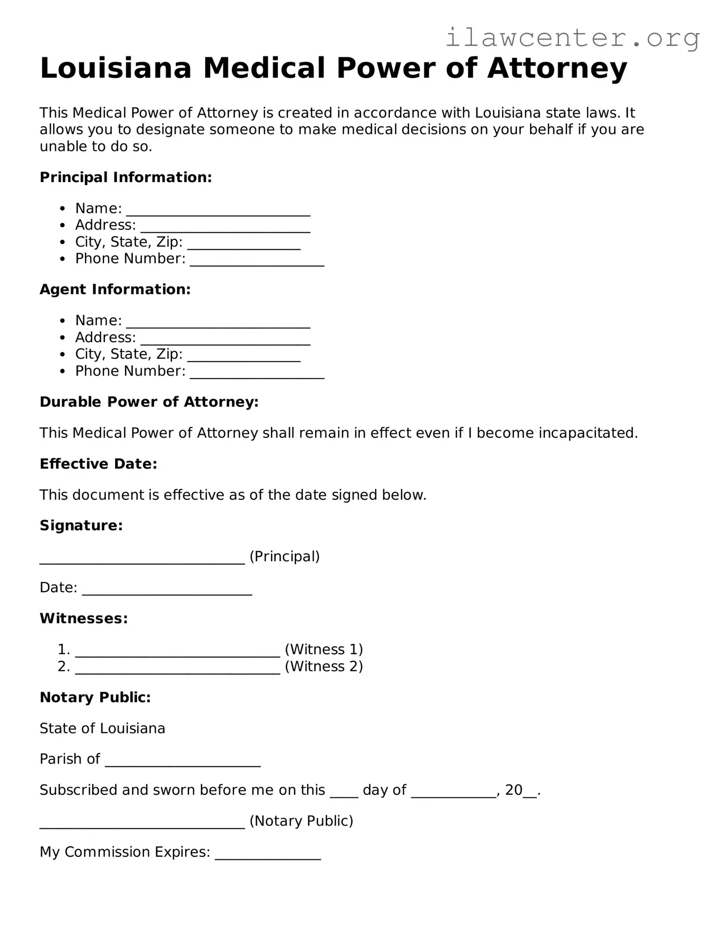 Attorney-Verified  Medical Power of Attorney Document for Louisiana