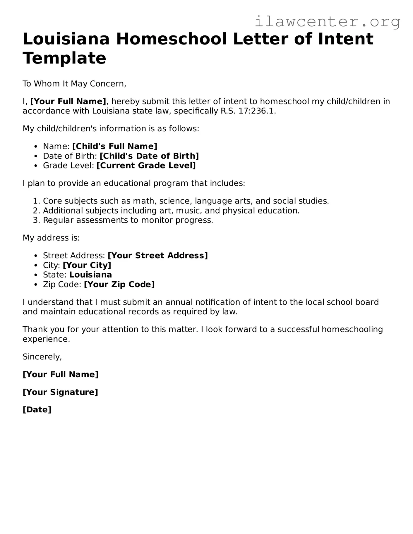 Attorney-Verified  Homeschool Letter of Intent Document for Louisiana