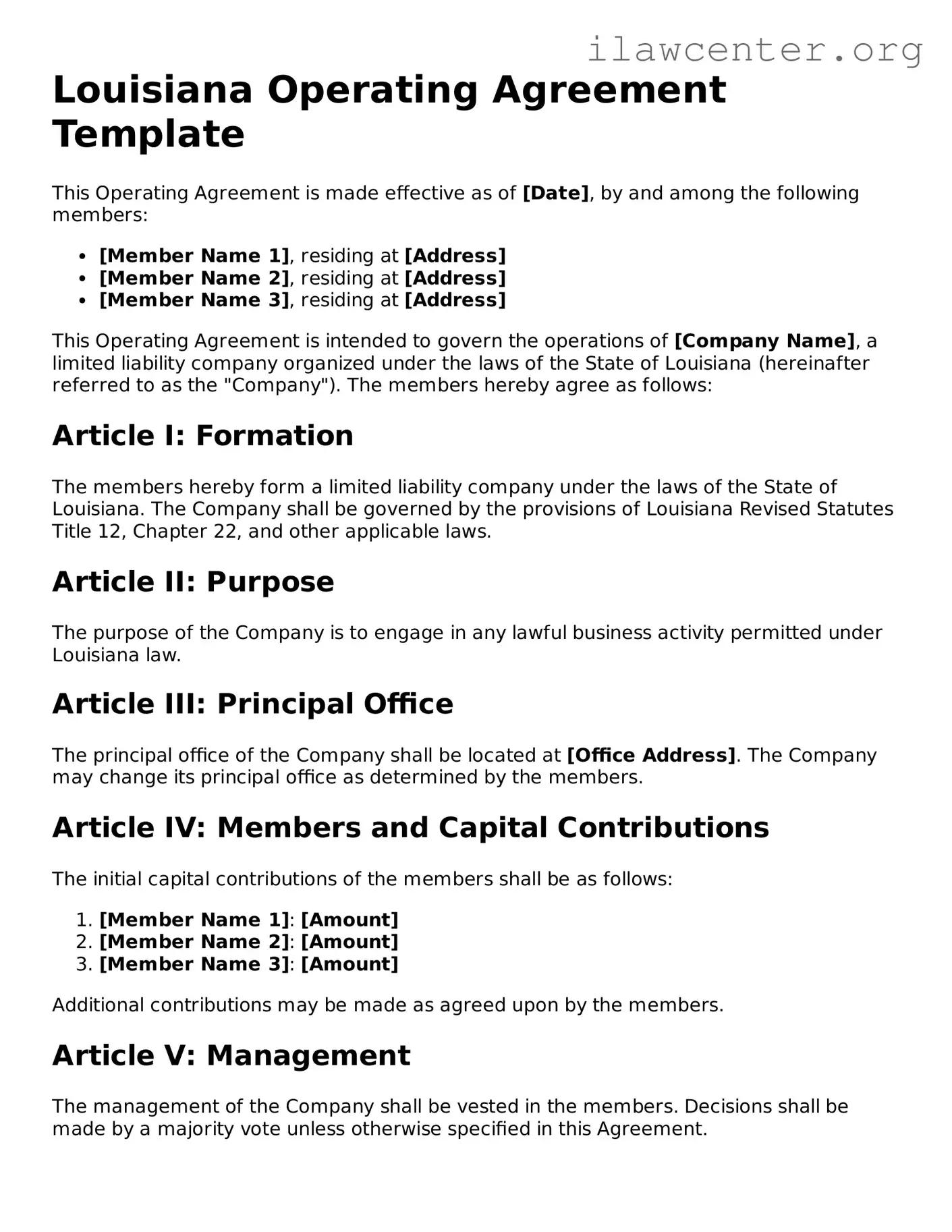 Attorney-Verified  Operating Agreement Document for Louisiana