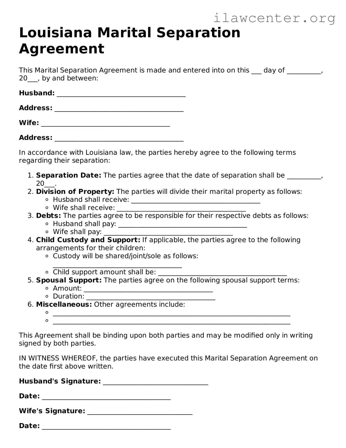 Attorney-Verified  Marital Separation Agreement Document for Louisiana