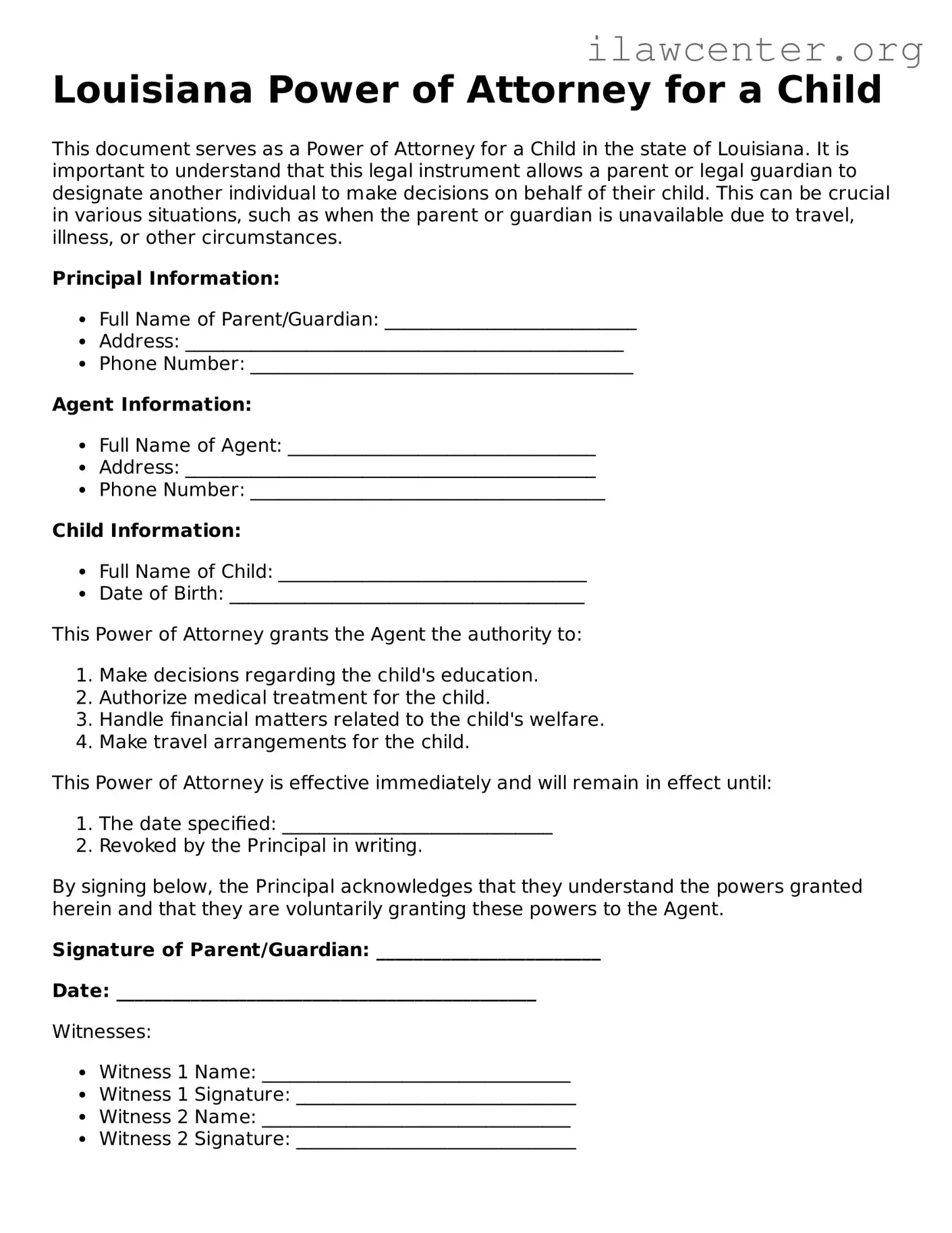 Attorney-Verified  Power of Attorney for a Child Document for Louisiana