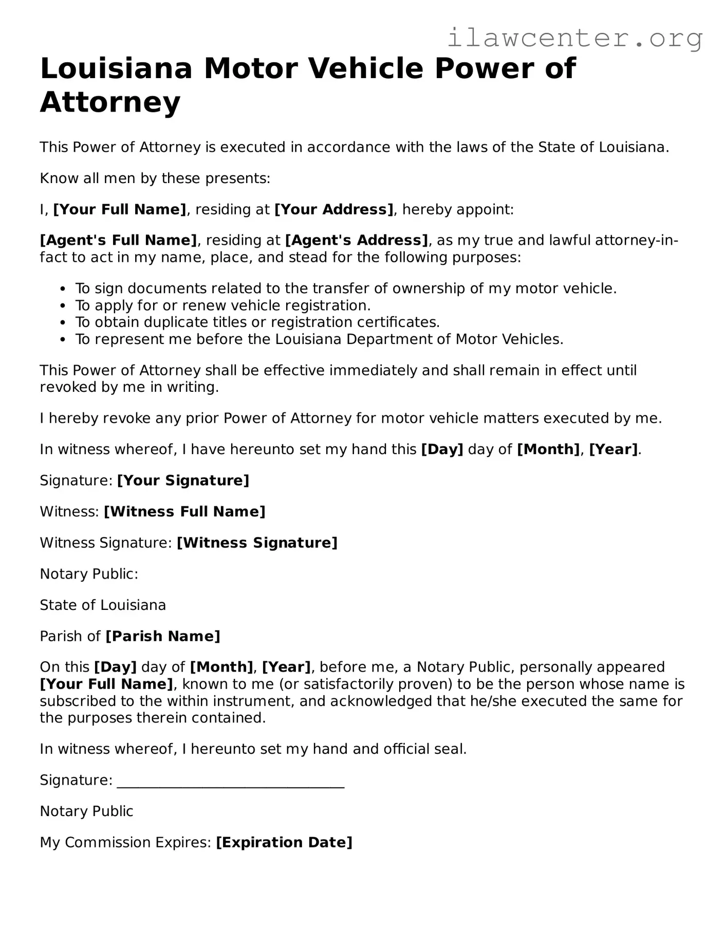 Attorney-Verified  Motor Vehicle Power of Attorney Document for Louisiana